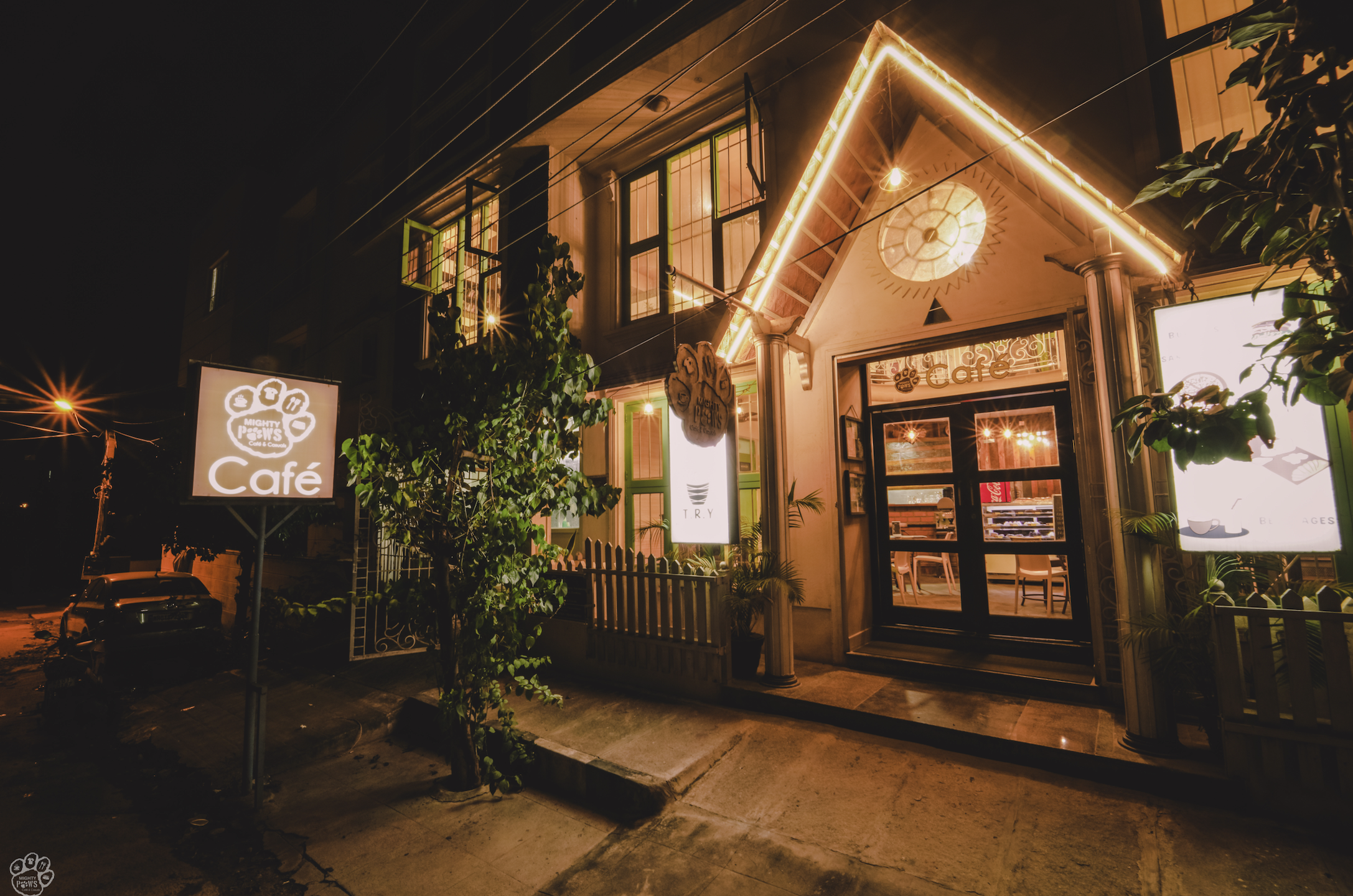 Mighty Paws Cafe warmly lit at night
